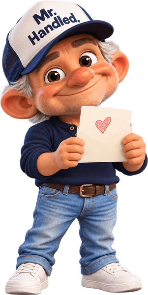Mr. Handled holding up a birthday card, grinning